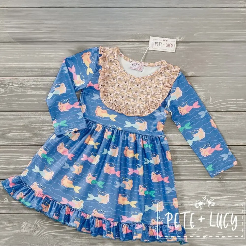 PETE + LUCY Mermaid and Shells Long Sleeve Ruffle Bib Dress 2T